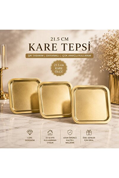 BYSABO 3'LÜ Kare Gold Kahve Sunum Tepsisi-Lüx Servis Tepsisi 21,5 cm