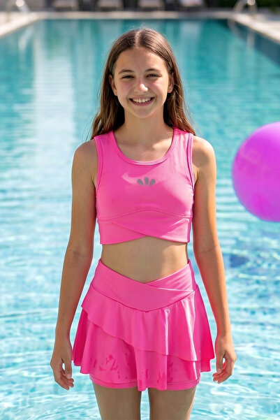 Haliç Mayo Zero Sleeve Top Shorts Skirt Two-Piece Girls' Swimsuit 26614 Fuchsia