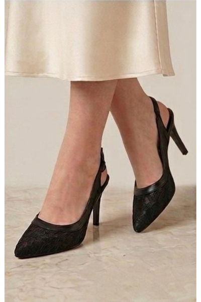 rimex sport wear Lace Detailed Pointed Toe Open Back Thin Heeled Women's Even...
