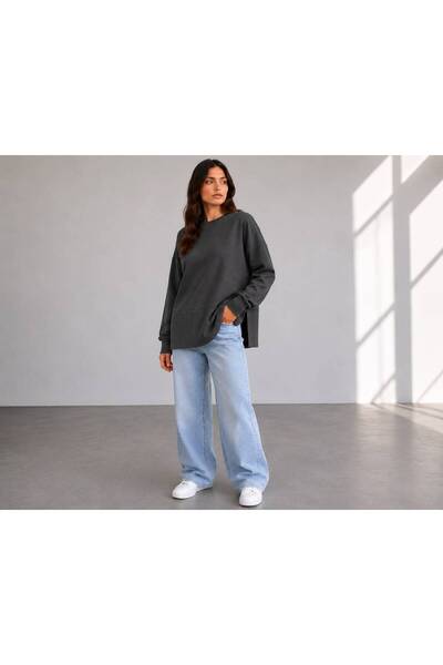 herkesemoda Oversize/Wide Fit Slit Crew Neck Soft Knitted Sweatshirt with But...