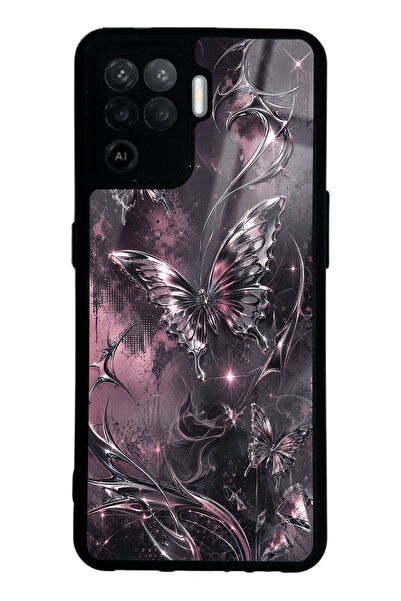 Spoyi Oppo Reno 5 Lite Rose Chrome Butterfly Tasarımlı Glossy Telefon Kılıfı