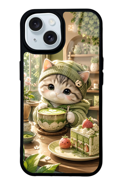 Spoyi iPhone 15 Matcha Kitty Café Tasarımlı Glossy Telefon Kılıfı