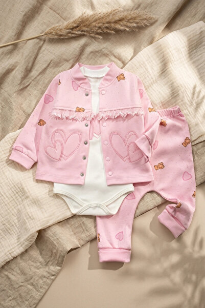 DYZSTAR Baby Girl Pink Teddy Bear and Heart Patterned Lace Detailed 3-Piece S...