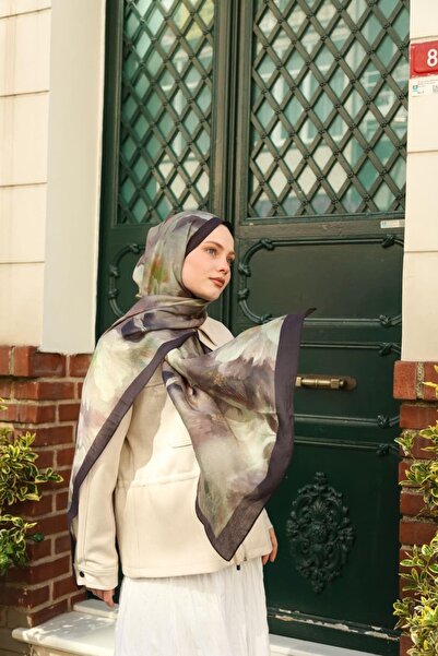 ENRİCO FERRİ Allure Abstract Floral Pattern Tencel Shawl - Eggplant Purple Green