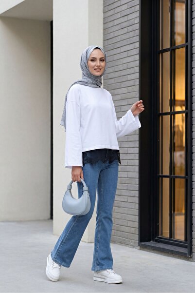 Modamorfo Crew Neck Skirt Lace Detailed Combed Cotton Tunic -White