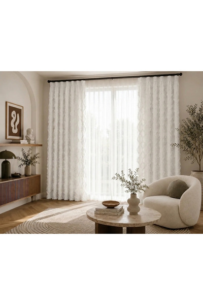 desenizmir White Color, Chenille Fabric Background Curtain, Single Panel 1.20...