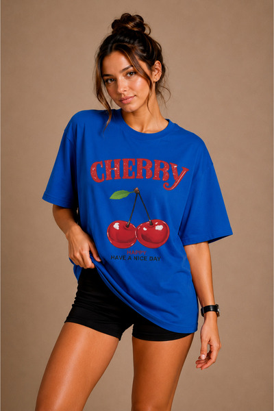 FECCY Premium Cherry Unisex Oversize Women's T-Shirt Cotton Oversize T-Shirt