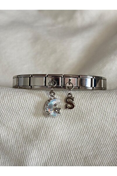 bijoux uniques Çelik ay figürlü Ş harfli italyan charm bileklik