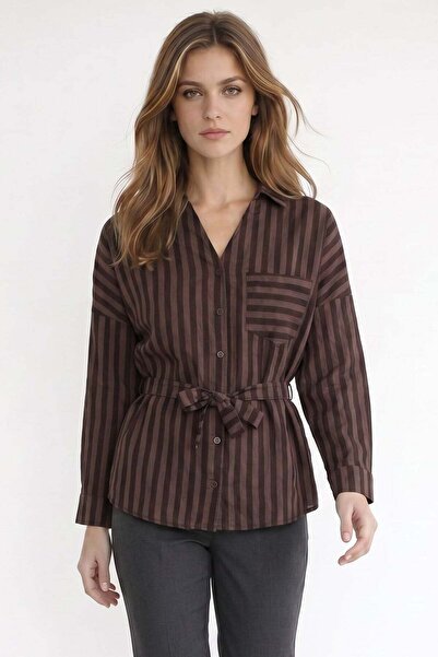 Tudors Women's Oversize Wide Cut Long Sleeve Cotton Belted Waist Striped Pock...