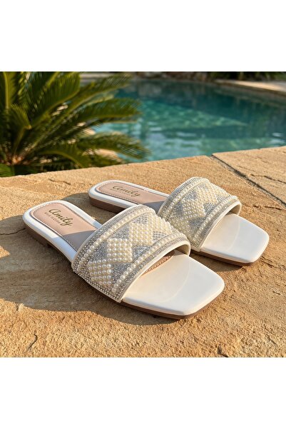 Fuzhoulanyang Women's Rhinestone Block Heel Slide Sandals, White Glitter Crys...