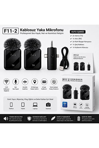 -2 Kablosuz Yaka Mikrofonu 2’li Set - 2.4G Kablosuz - Tak & Çalıştır - Gürültü Azaltma - Siyah