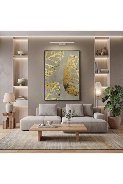 KOLAJTASARIM Gold Leaves Gray Shades Single Black Metal Framed Glass Table Ho...