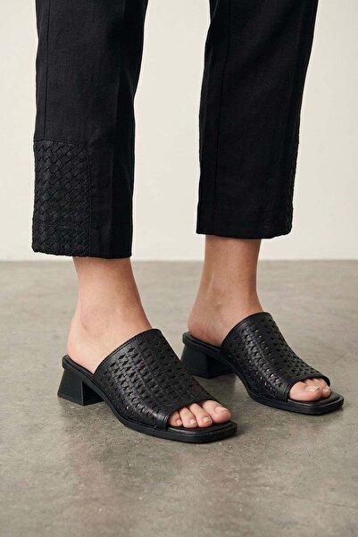 Ayakkabı Fuarı Elit Koc11-29 Women's Genuine Leather Heeled Slippers Black