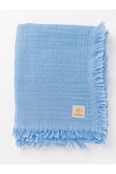 MiniMüslin 100% Cotton Blue 4-Layer Muslin Tassel Blanket 115X95Cm Oeko-Tex C...