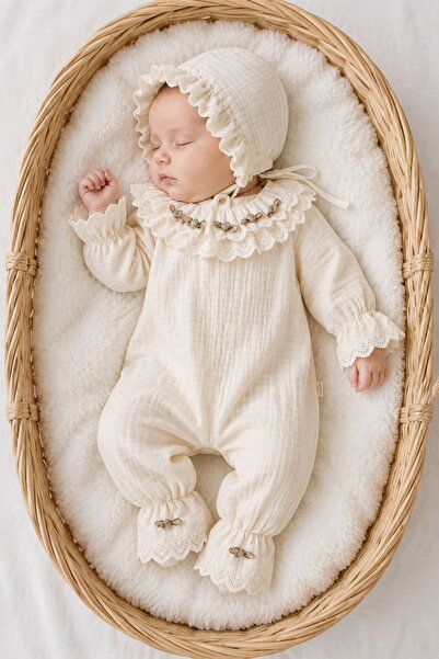 Minytrendy Baby Girl Muslin Newborn Jumpsuit with Bonnet 2-Piece Set Summer O...