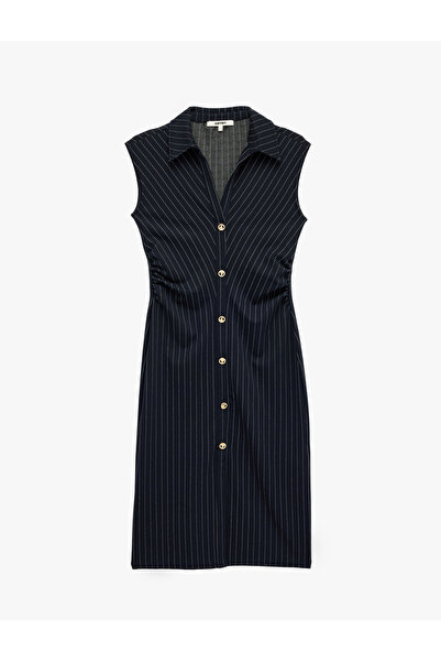 Koton Slim Fit Kolsuz Midi Boy Süslü Düğmeli Kolsuz Çizgili Gömlek Elbise