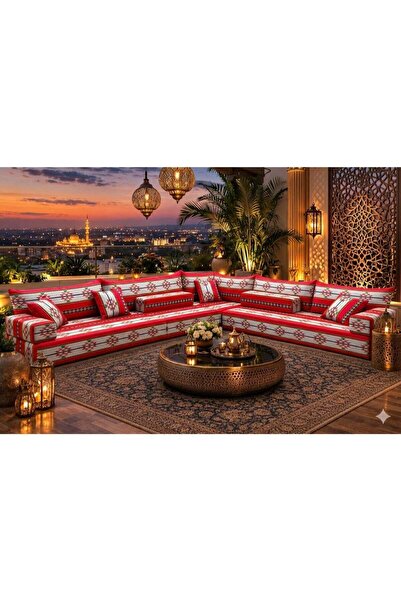 Xboat Traditional Arabic Majlis Floor Sofa Set, Red and Beige Geometric Pattern, L-Shaped Corner Sectional with Cushions