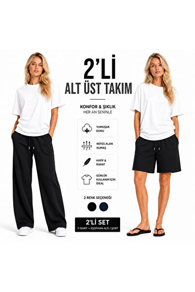 JULİA MODA 2'Li Kadın Şortu-Eşofman Takımı (Alt-Üst) Seti Yazlık Nefes Alabil...