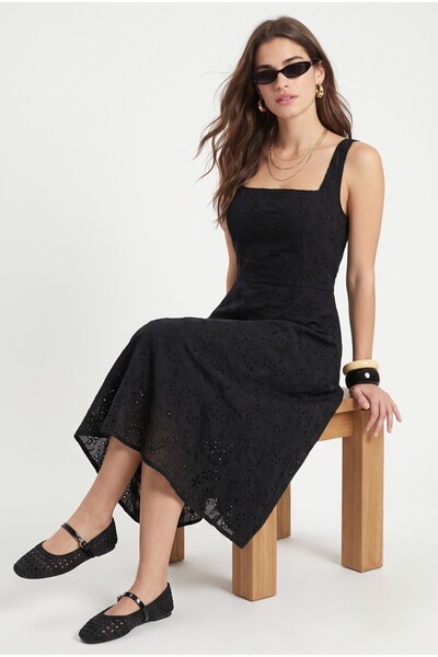 Ritnice Women's Keyli Lined Scallop Embroidered Sleeveless Woven Midi Black D...