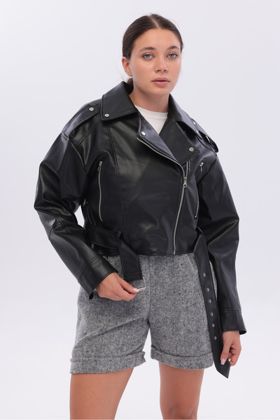 ELUVIA FASHION New Season Belted Oversize Cropped Leather Jacket, Zipper Deta...