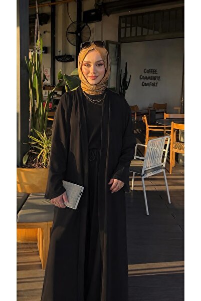 Trenddolabı Kadın Siyah Abaya Takım Salaş Kimono Pantolon İkili Tesettür Takım