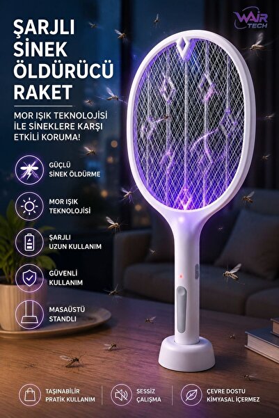 Byanes Beyaz Şarjlı Elektrikli Sinek Öldürücü Raket Mor Işıklı Masaüstü Stand...
