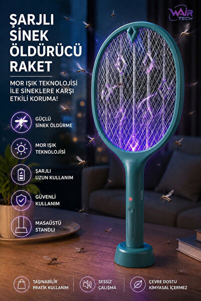MACGON Yeşil Şarjlı Elektrikli Sinek Öldürücü Raket Mor Işıklı Masaüstü Stand...