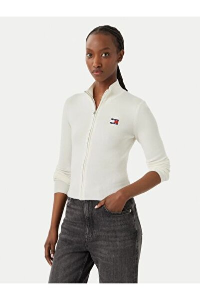 Tommy Hilfiger BEYAZ LOGOLU FERMUARLI KADIN TRİKO HIRKA