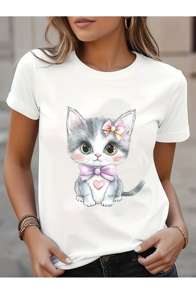 01THEONE Women'S Cute Cat Graphic T-Shirt, Soft cotton Blend, Short Sleeve Cr...