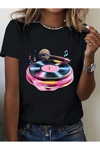 Ekim11 Women'S Casual Short-Sleeve T-Shirt with a Record Print, Lightweight A...