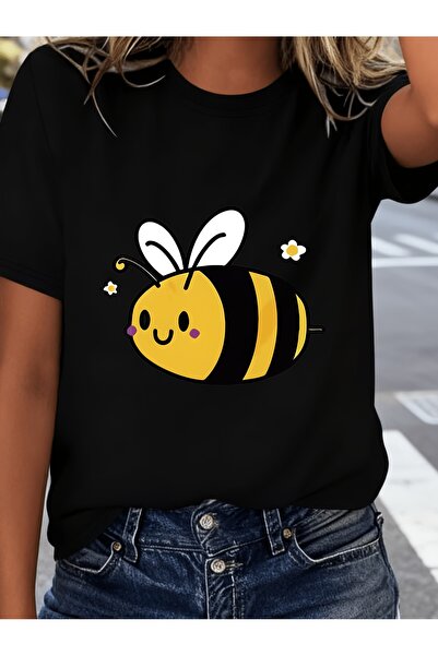 En22 Women's Bee Print Short Sleeve T-Shirt - Semi-Sheer Round Neck -Compatib...