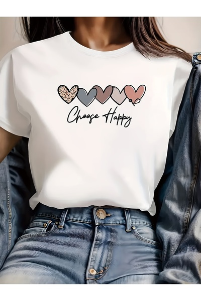 NOURAM تي شيرت نسائي كاجوال بأكمام قصيرة من CHOOSE HAPPY - تصميم Happy مع قلو...