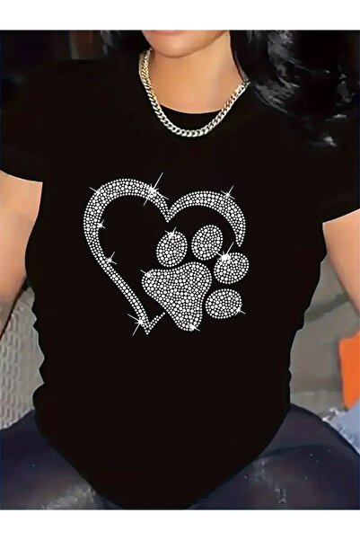 135 cotton Short Sleeve T-Shirt with Rhinestone Heart Paw Print Design Home W...