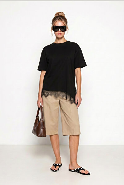 Lovelyİstanbul Dantel Detaylı Oversize Örme T-shirt LUB0377 SİYAH