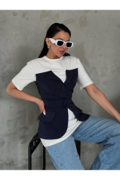 My Blog Navy Blue-White Belt Detailed Striped Design Blouse - 2Y34482