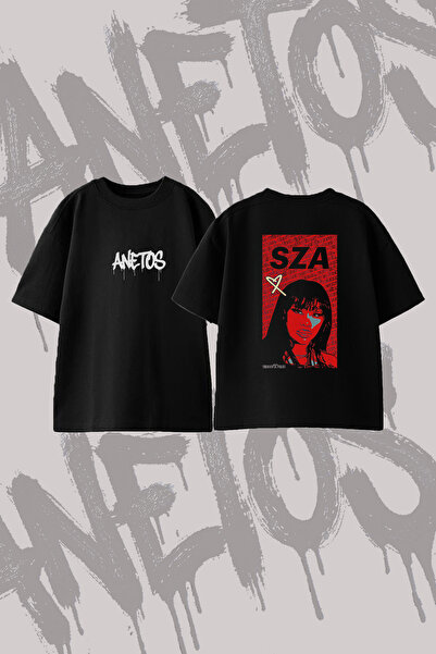 Anetos SZA_5 Σχέδιο με στάμπα στην πλάτη, βαμβακερό μαύρο μπλουζάκι oversize