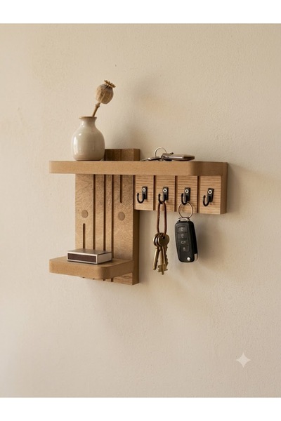 akçehome Ahşap Organizer Metal Kancalı Çok Amaçlı Askılık (25x21 cm), duvar rafı, antre düzenleyici, askılık, dekoratif raf, Anahtarlık