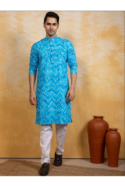 Devoiler Mens Bandhani Printed Cotton Kurta Set