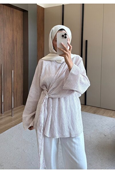 Bahar Altundemir Women's Striped Soft Viscose Tunic Shirt with Tie Detail