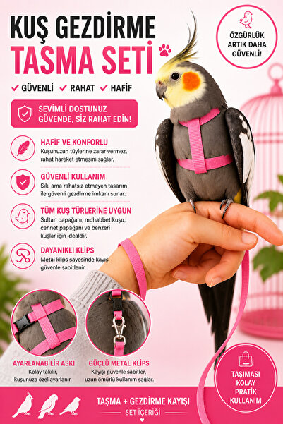 Petshop Pembe Kuş Gezdirme Tasması Seti Ayarlanabilir Papağan Uçuş Tasması Mu...