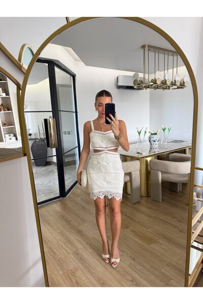 CKBUTİK Bel Dekolteli Dantel Garnili Elbise - 37619