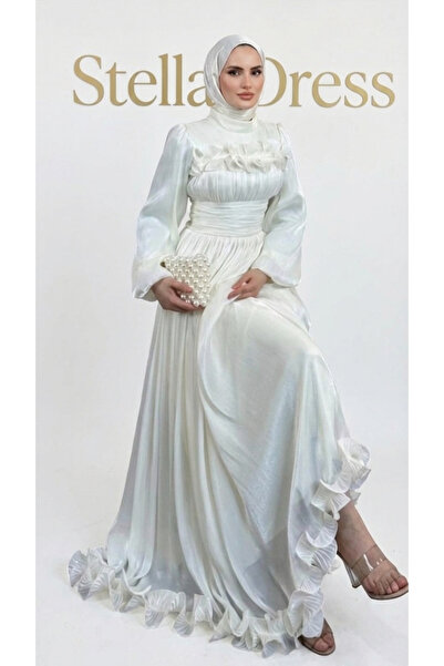 StellaDress Eteği ve Göğsü Fırfırlı Jan Jan Kumaş Söz Nişan İsteme Nikah Abiyesi