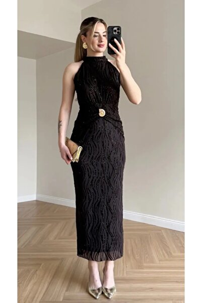 verabelle Buy Accessory Detailed Halter Neck Glittery Midi Burgundy Dress