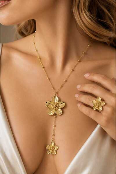 invictus design Kadın Gold Varaklı Metalik Çiçek Figürlü Mineli Y Model Kolye...