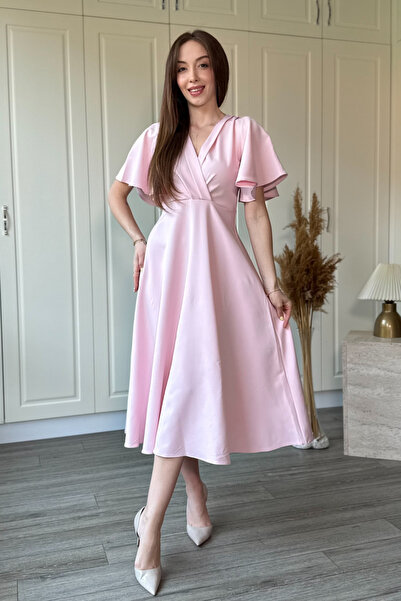 Dilay Gökoğlu Butik V-Neck Ruffled Midi Dress with Flounce Sleeves