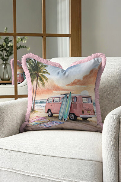 Evimde Bambaşka Tropical Beach Retro Caravan Sunset Fringe Pillowcase-Surf Bo...