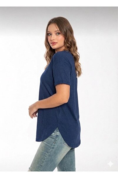 Trendbade Butik Navy Blue Color Etegi Stitched Slit Oval Women's T-Shirt