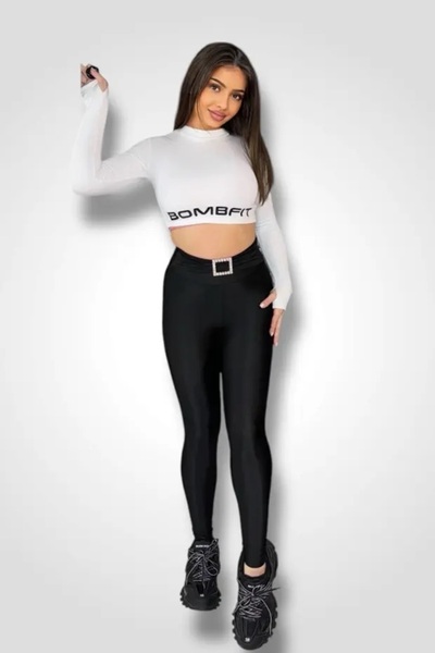 BOMBFIT Μαύρο Διαμάντι Πρέμιουμ Ψηλόμεσο Γυαλιστερό Κολάν με Ενσωματωμένη Αγκ...