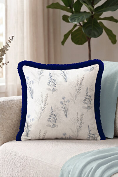 Evimde Bambaşka Față de pernă cu franjuri, cu design botanic floral albastru ...