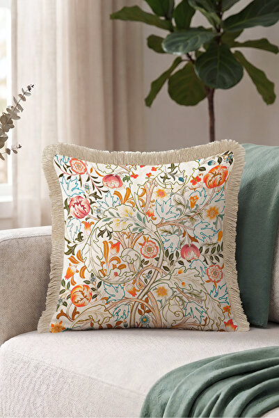 Evimde Bambaşka Floral Vintage Patterned Fringed Pillowcase-Botanical Boho Ec...